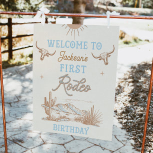 Blue Vintage First Rodeo 1st Birthday Welcome Sign