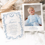 Blue Vintage Floral Boy Baptism Christening Photo Invitation<br><div class="desc">Celebrate your little boy’s sacred day with this elegant Blue Vintage Floral Baptism and Christening Photo Invitation. Inspired by timeless chinoiserie and Victorian aesthetics, this design features a delicate Toile de Jouy-inspired floral frame in a soft dusty blue hue, evoking vintage charm and sophistication. A blue cross symbolises faith and...</div>