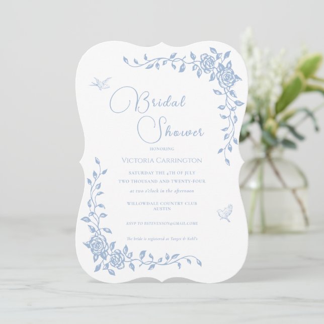 Blue Vintage Floral Bridal Shower Invitation (Standing Front)