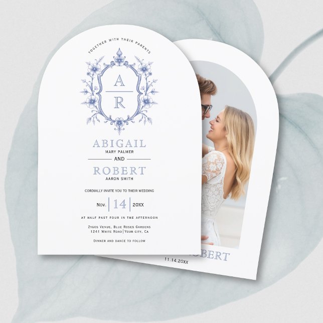 Blue vintage floral crest monogram wedding   invitation (Creator Uploaded)
