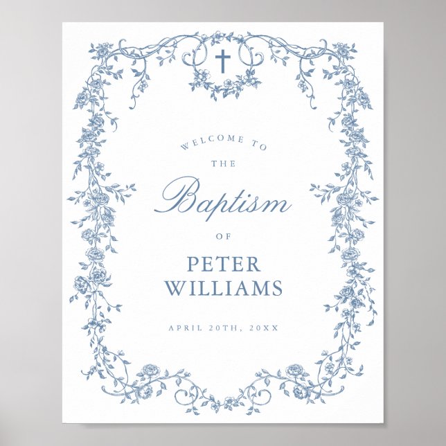 Blue Vintage Floral Cross Baptism Welcome Poster  (Front)