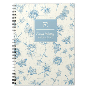 Blue Vintage Floral Monogrammed Personalised Notebook