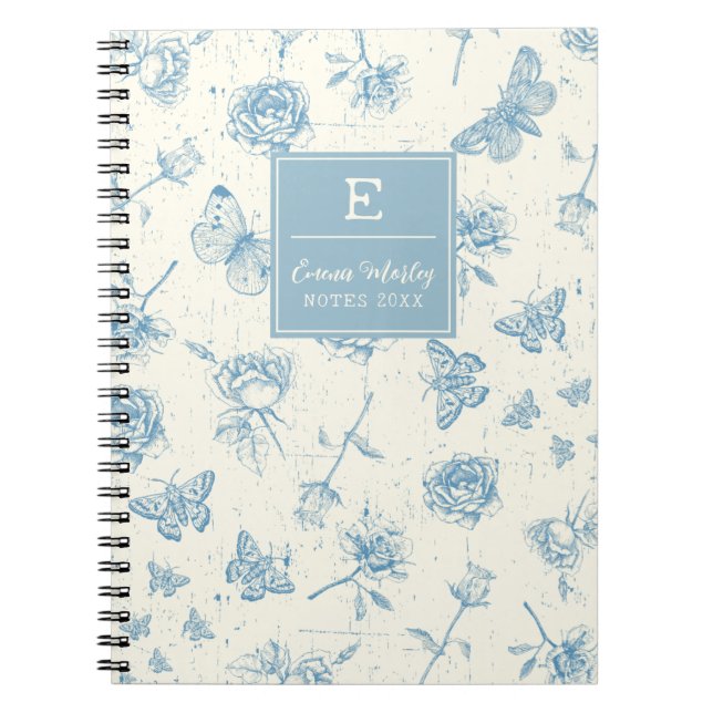 Blue Vintage Floral Monogrammed Personalised  Notebook (Front)