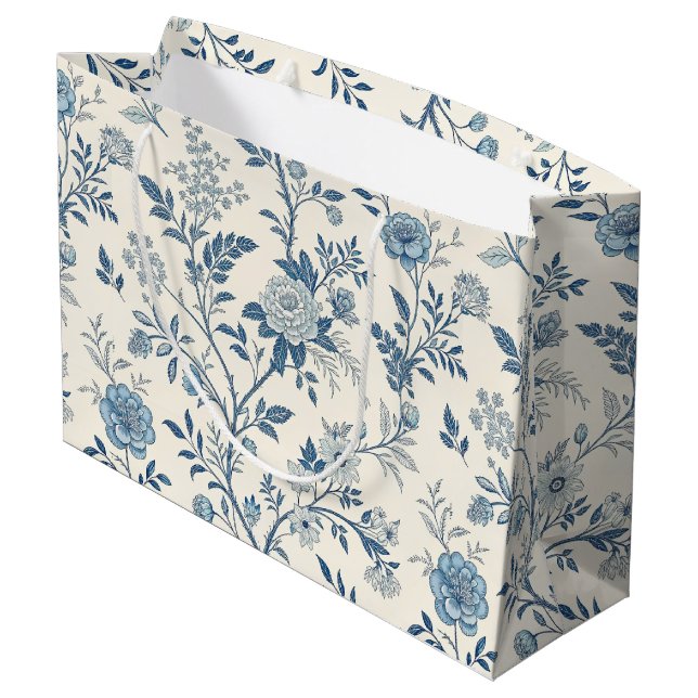 Blue Vintage Floral Pattern Large Gift Bag (Back Angled)