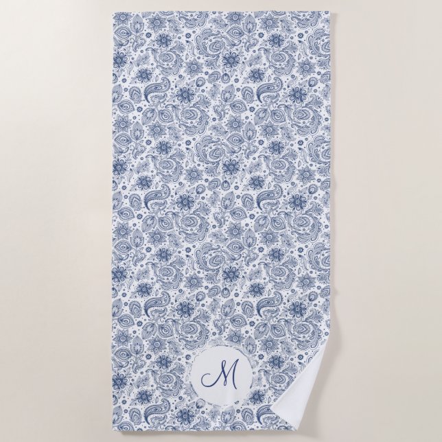 Blue Vintage Floral Pattern Monogram Beach Towel (Front)