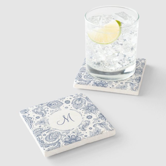 Blue Vintage Floral Pattern Monogram Stone Coaster (Side)