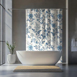Blue Vintage Floral Pattern Shower Curtain