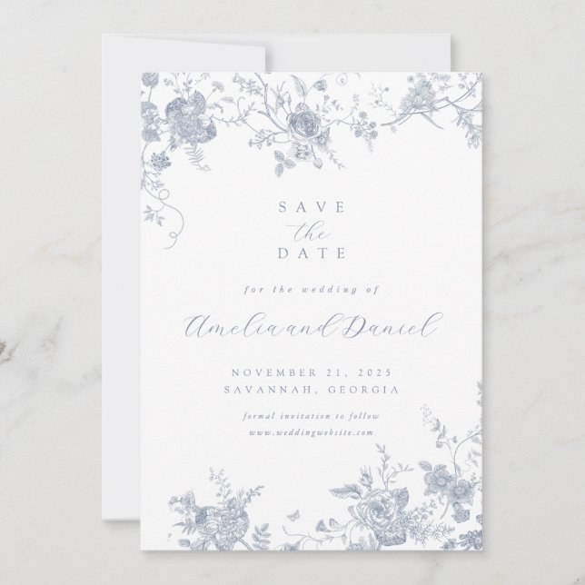 Blue Vintage Floral Save the Date Invitation (Front)