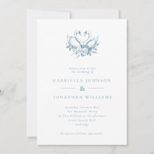 Blue Vintage Floral Swans Wedding Invitation