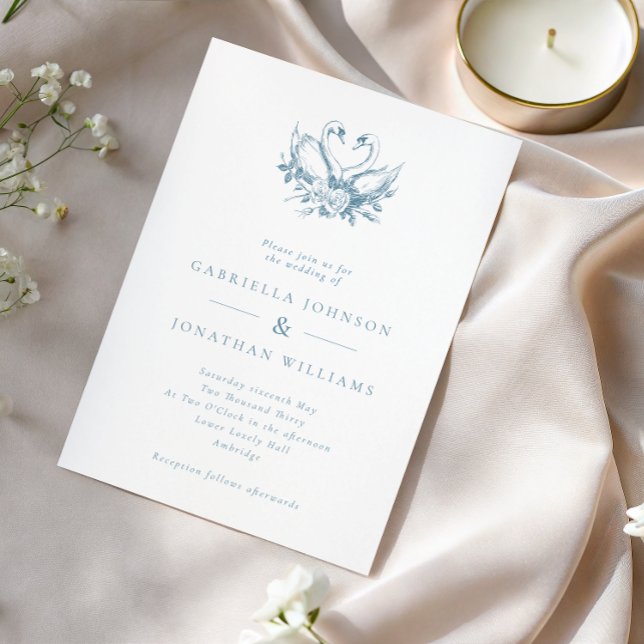Blue Vintage Floral Swans Wedding Invitation (Creator Uploaded)