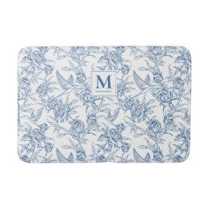 Blue Vintage Floral Toile de Jouy French Monogram Bath Mat