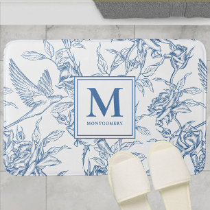 Blue Vintage Floral Toile de Jouy French Monogram Bath Mat