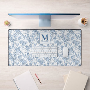 Blue Vintage Floral Toile de Jouy French Monogram Desk Mat