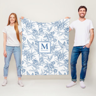 Blue Vintage Floral Toile de Jouy French Monogram Fleece Blanket