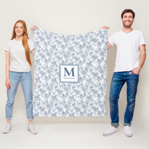 Blue Vintage Floral Toile de Jouy French Monogram Fleece Blanket