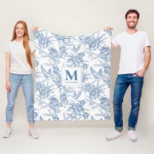 Blue Vintage Floral Toile de Jouy French Monogram Fleece Blanket