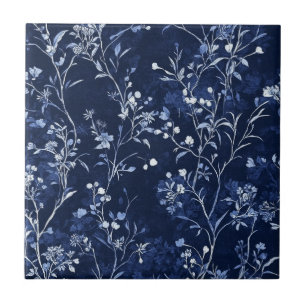 Blue Vintage Floral Toile Pattern (11) Ceramic Tile