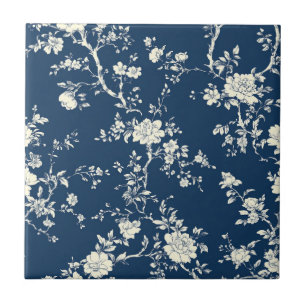 Blue Vintage Floral Toile Pattern (12) Ceramic Tile