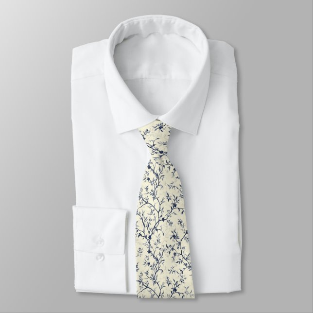 Blue Vintage Floral Toile Pattern (1) Tie (Tied)