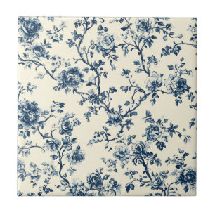Blue Vintage Floral Toile Pattern (2) Ceramic Tile