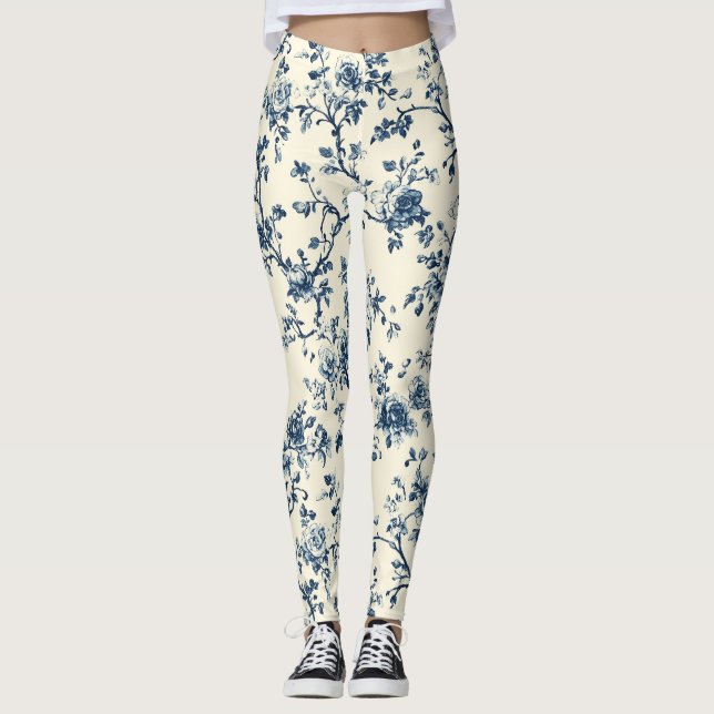 Blue Vintage Floral Toile Pattern (2) Leggings (Front)