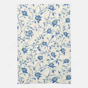 Blue Vintage Floral Toile Pattern (3) Tea Towel