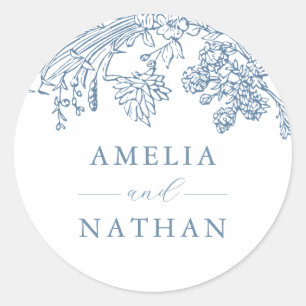 Blue Vintage Floral Wedding Classic Round Sticker