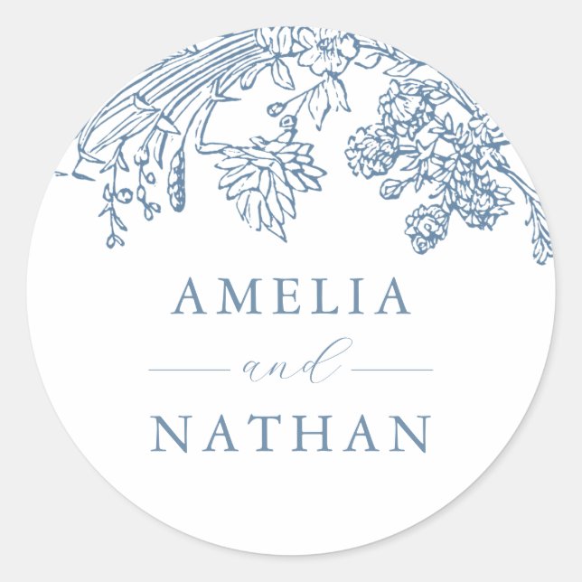 Blue Vintage Floral Wedding Classic Round Sticker (Front)