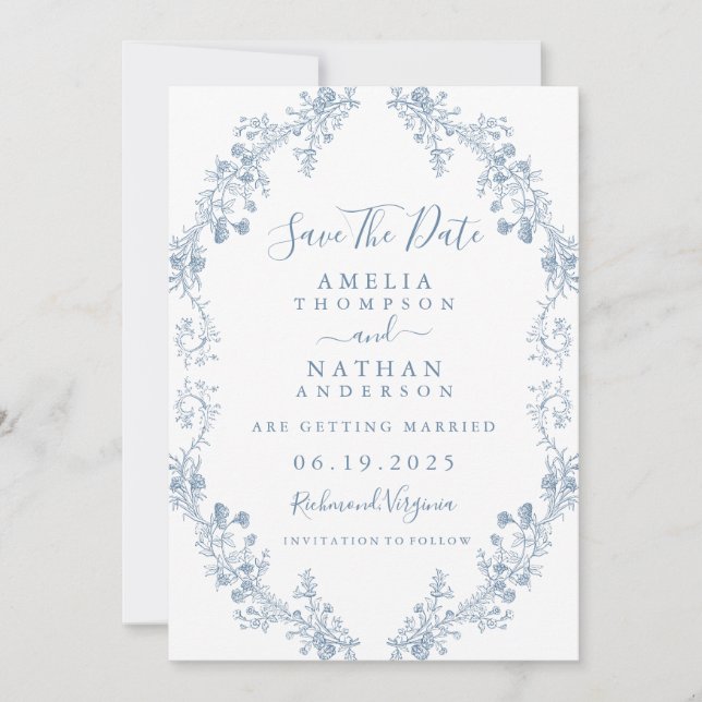 Blue Vintage Floral Wedding Save The Date (Front)