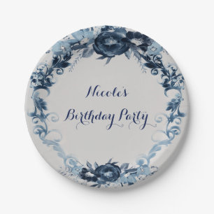 Blue Vintage Flowers Elegant Floral Wedding Paper Plate