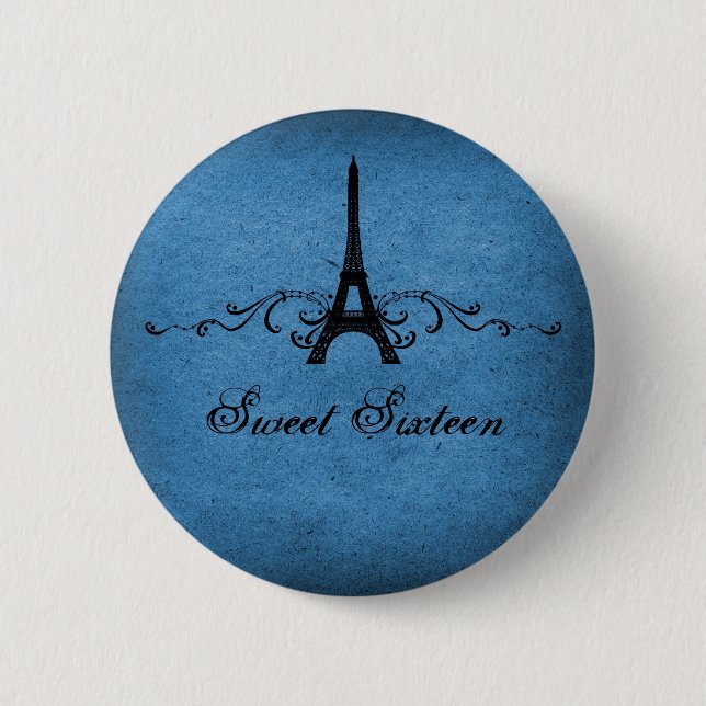 Blue Vintage French Flourish Sweet 16 Button (Front)