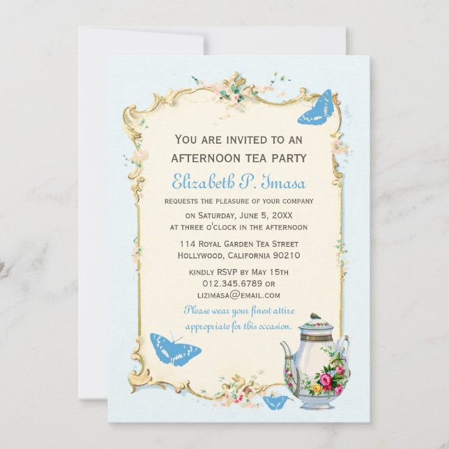 Blue Vintage French Tea Party Invitation (Front)
