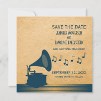 Blue Vintage Gramophone Save the Date Invite