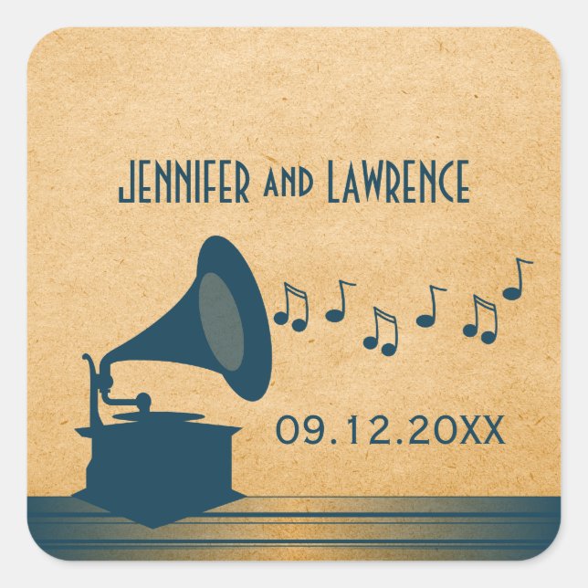 Blue Vintage Gramophone Wedding Stickers (Front)