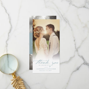 Blue Vintage Handwriting Script 3 Photo Wedding Thank You Card