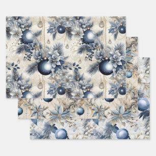 Blue Vintage Inspired Christmas Florals Wrapping Paper Sheet