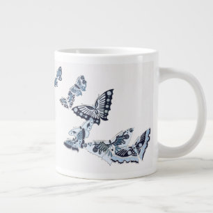 Blue Vintage Japanese Butterfly Large Coffee Mug