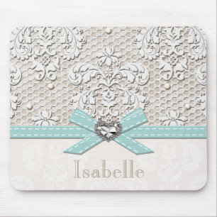 Blue Vintage Lace and Pearls Mouse Pad