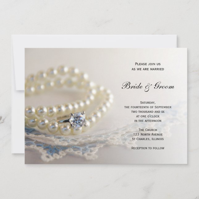 Blue Vintage Lace, Pearls and Diamond Ring Wedding Invitation (Front)