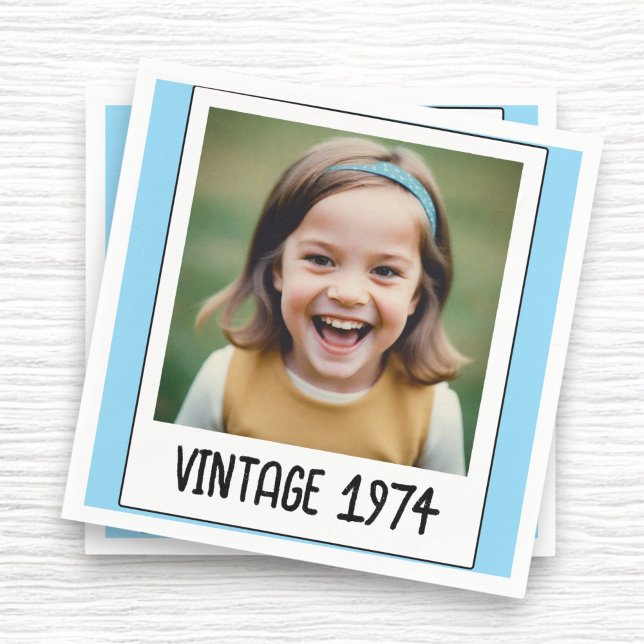 Blue Vintage Milestone Birthday Photo Keepsake Napkin (Creator Uploaded)
