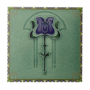 Blue Vintage Nouveau Art Flower Design Ceramic Tile