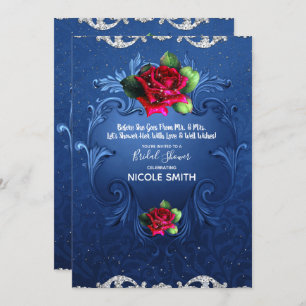 Blue Vintage Ornamental Red Roses Bridal Shower Invitation