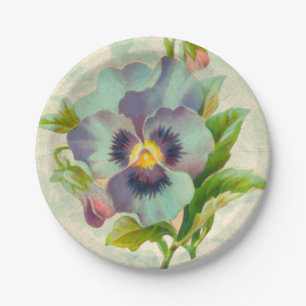 Blue Vintage Pansy Floral Watercolor Paper Plate
