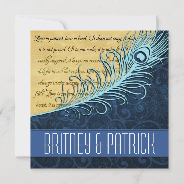 Blue Vintage Peacock Feather Wedding Invitations (Front)
