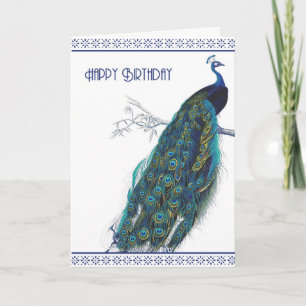 Blue Vintage Peacock - Happy Birthday card