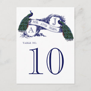 Blue Vintage Peacock Wedding Table Number Card