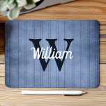 Blue Vintage Pinstripe Retro Navy Monogram Mouse Pad<br><div class="desc">This design features a vintage pinstripe pattern in blue with navy blue dashed stripes. Personalise it with your monogram initial in navy blue and your name in white retro script.</div>