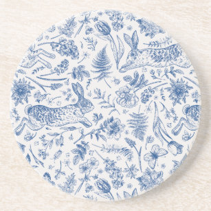 Blue vintage rabbits and spring flowers pattern coaster