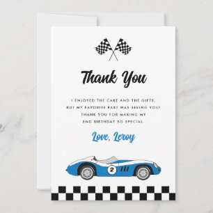 Blue Vintage Race Car Boy 2nd Birthday Party Thank You Card