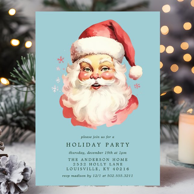 Blue Vintage Retro Santa Claus Christmas Party Invitation (Creator Uploaded)